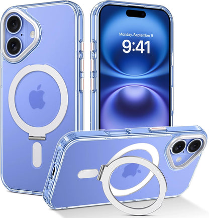 GUAGUA Magnetic for iPhone 16 Case with Kickstand, [Compatible with MagSafe] Phone Case Magnetic Anti-Slip Sturdy Stand Anti-Yellowing Matte Back Cover, Phone Case 6.1" with Ring Holder Clear