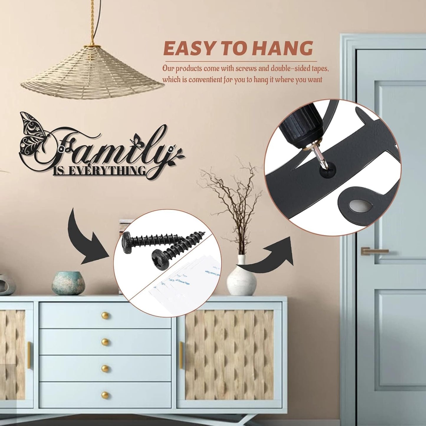 Family Signs Metal Wall Decor, Family Is Everything Word Sign with Butterfly for Home Decor Wall, Black Iron Wall Art Plaque Decorations for Living Room, Dining Room, Bedroom, Housewarming, 17”x6.3” (Family)