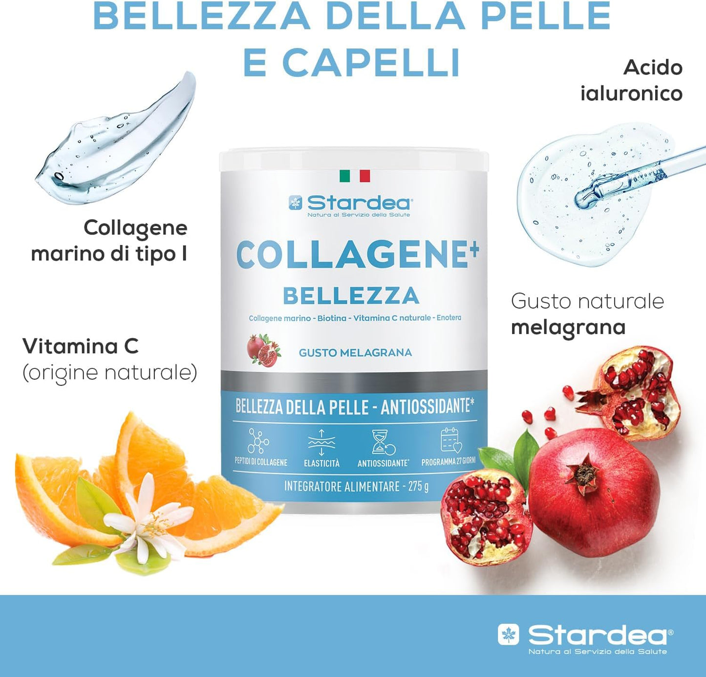 STARDEA Collagen + Beauty | Hydrolyzed Marine Collagen Type 1 with Hyaluronic Acid and Biotin | Hydration, Anti-ageing Skin Tone, Skin and Hair Flavour Pomegranate Powder 275 g