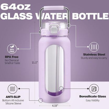 BLUEGO 64oz Purple Glass Water Bottle with Stainless Steel Handle, Time Markers, Silicone Sleeve - BPA Free for Gym, Daily Use, Workout, Travel, Camping, Sports