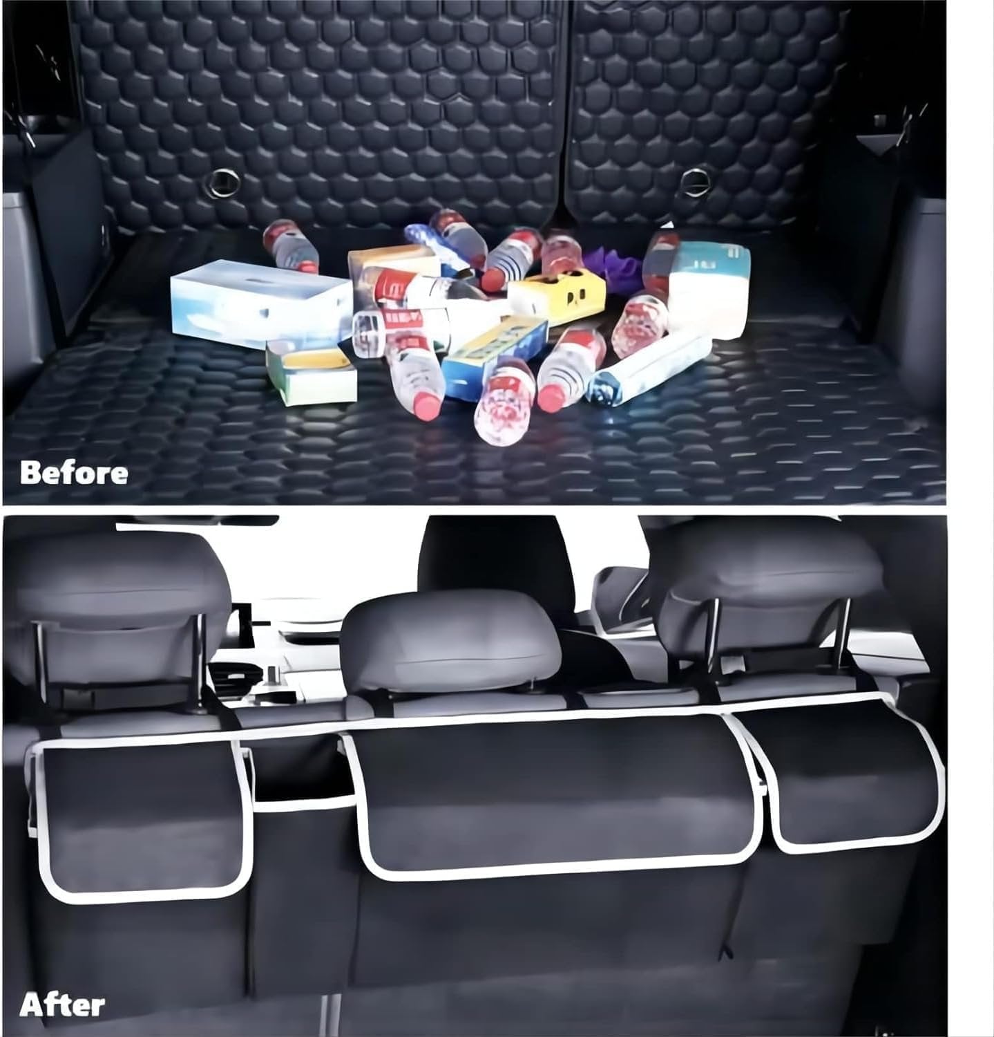HENWUBEI Backseat Trunk Organizer - Car Hanging Organizer Foldable Seat Back Cargo Storage Space Saving Bag with Adjustable Straps Large Pockets Durable Cover for SUV Van MPV Most Vehicles Black