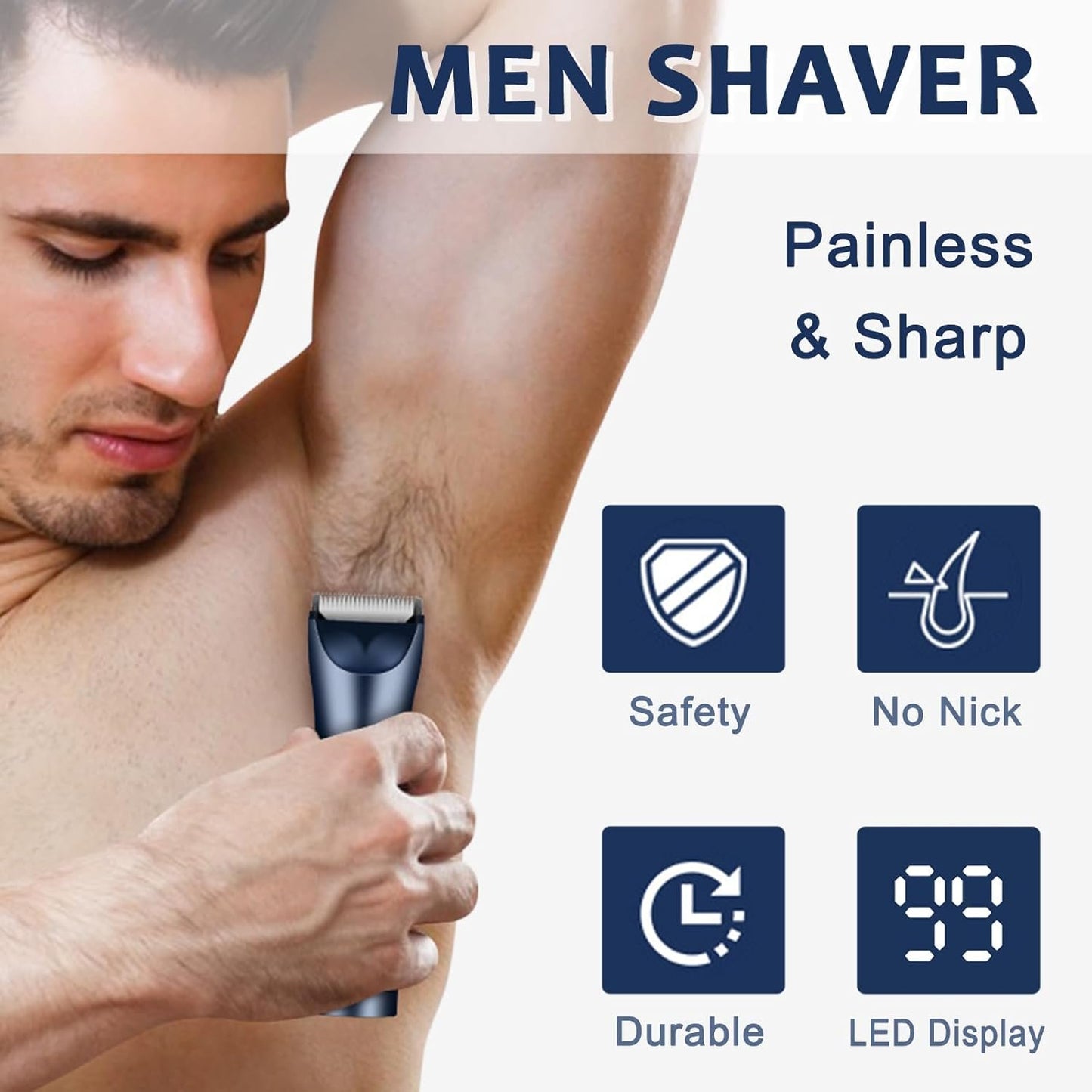 LAIKME Body Hair Trimmer for Men - Electric Male Hygiene Grooming Shaver - Hair Razor Nose Trimmer Clippers - 3 in 1 Groin Groomer IPX5 Waterproof LED Display Remover for Chest Back Armpit