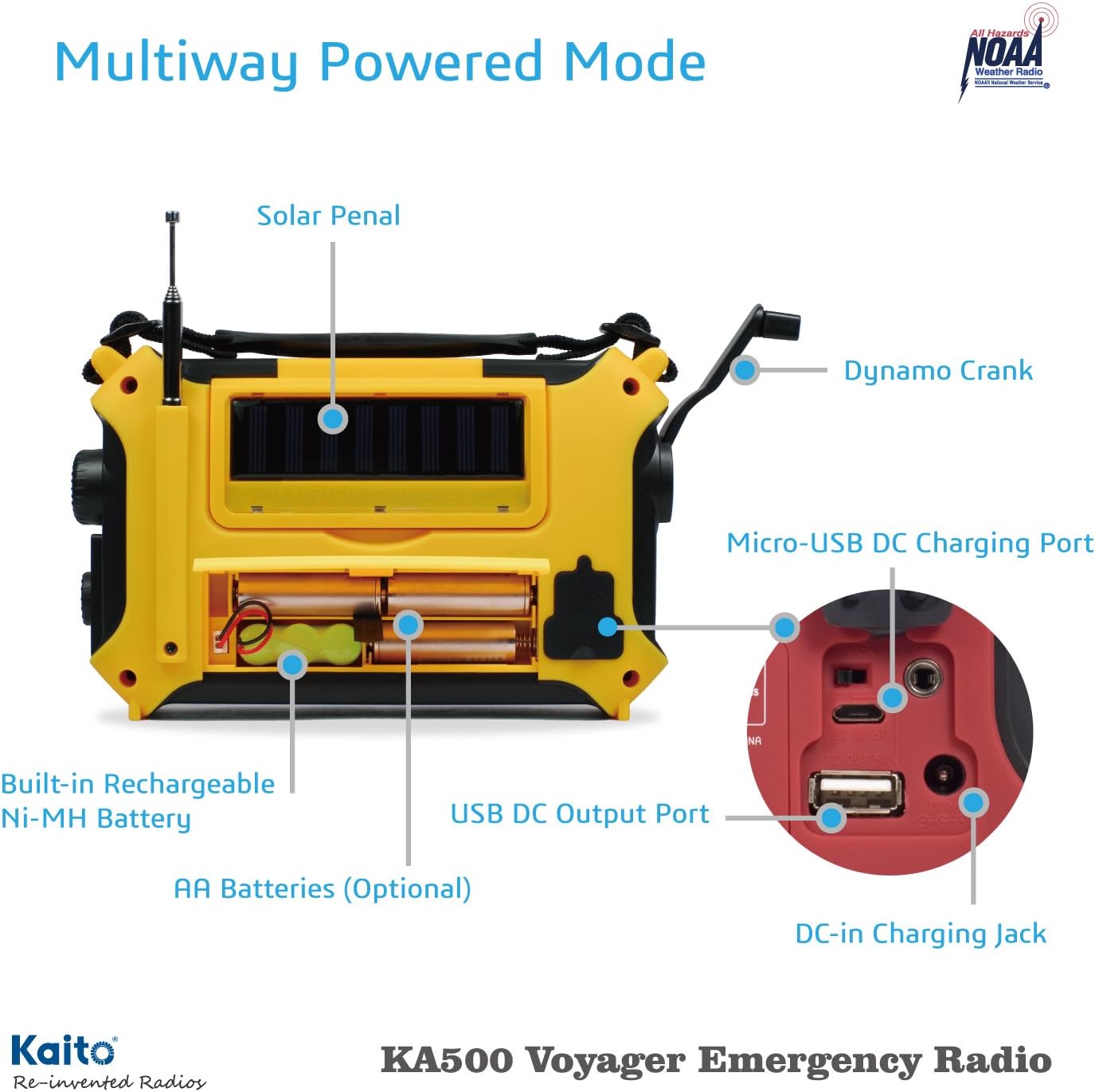 Kaito KA500 5-Way Powered Solar Power,Dynamo Crank, Wind Up Emergency AM/FM/SW/NOAA Weather Alert Radio with Flashlight,Reading Lamp and Cellphone Charger, Yellow
