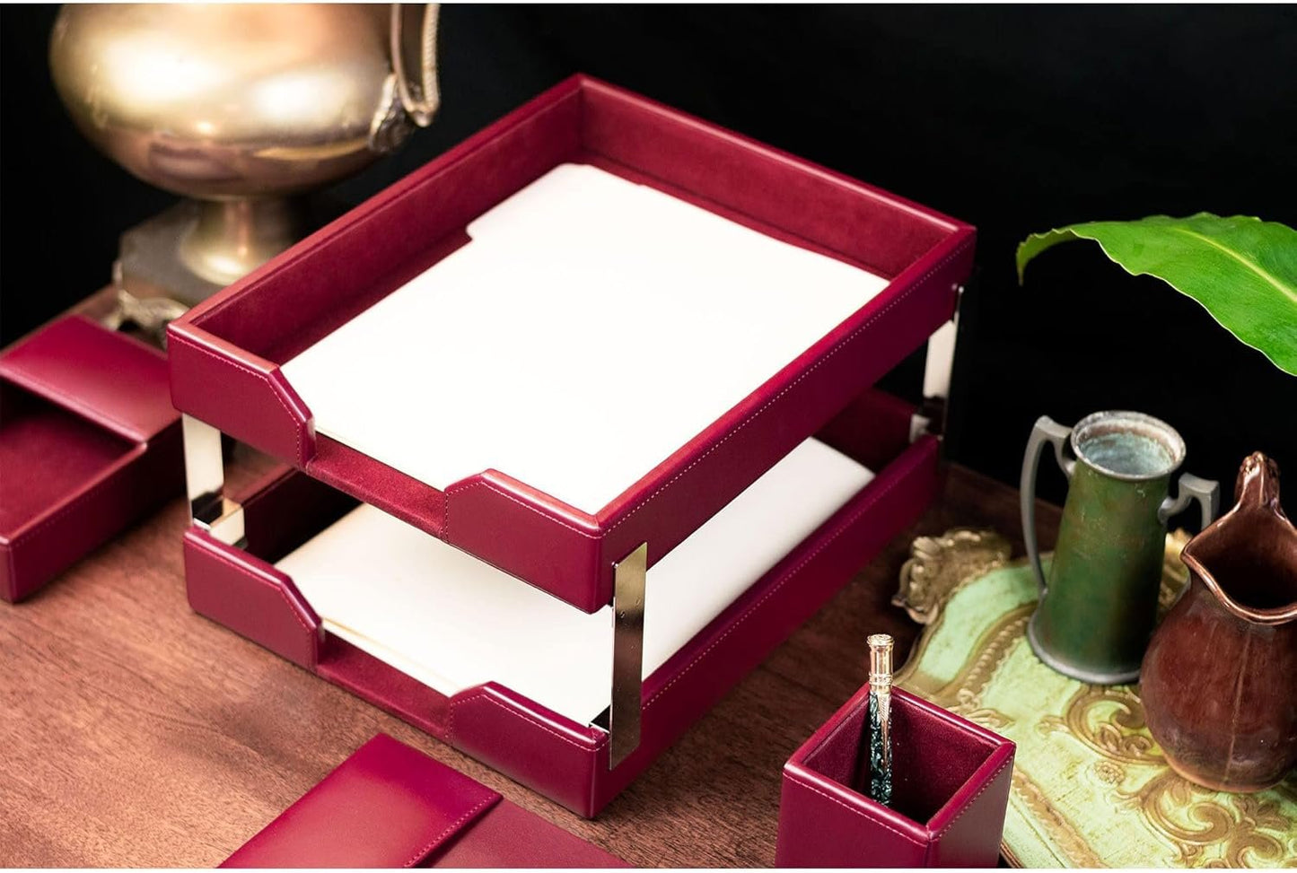 Dacasso Burgundy Bonded Leather Luxury 8-Piece Desk Accessory Set - Blotter Pad & Desk Organization Essentials - Executive Decor and Surface Protector