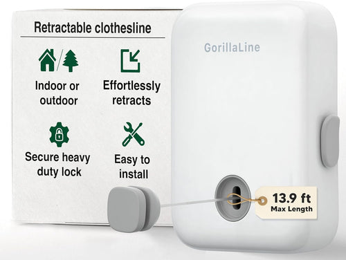 GorillaLine - Retractable Clothesline Indoor Outdoor Clothes Line | Heavy Duty Clothes Drying Laundry Line | Wall Mounted Drying Rack Clothing Line | Retracting Hanging | Lock to Prevent Sagging