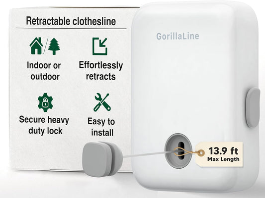 GorillaLine - Retractable Clothesline Indoor Outdoor Clothes Line | Heavy Duty Clothes Drying Laundry Line | Wall Mounted Drying Rack Clothing Line | Retracting Hanging | Lock to Prevent Sagging