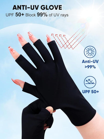 ITADAKU 2 Pairs UV Gloves for Nails - UPF 50+ Anti UV Gloves for Gel Nail Lamp, Fingerless Gloves For Manicures Skin Care UV Protection Gloves For Women & Men(Black & White)