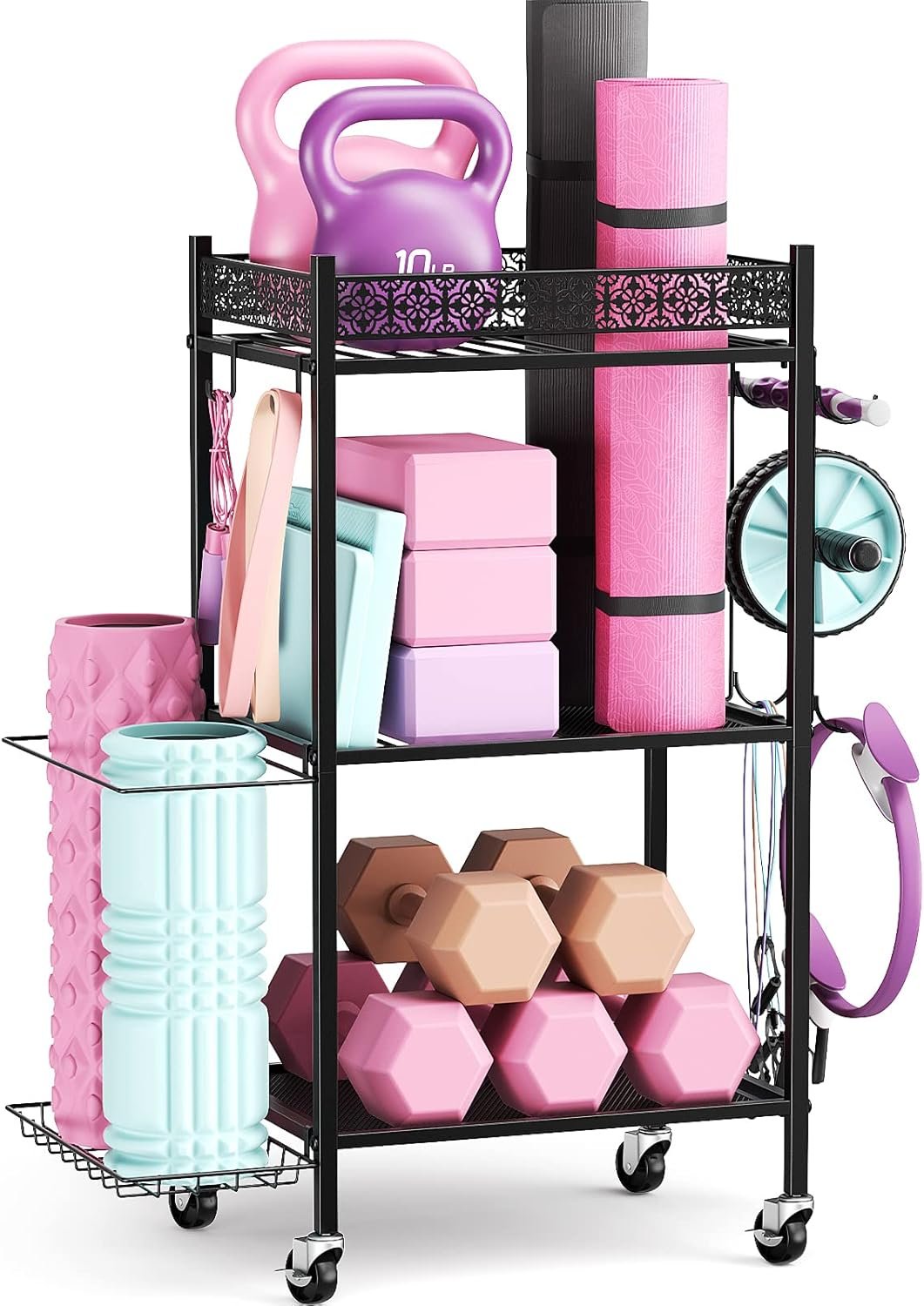 Yoga Mat Storage Rack, Home Gym Storage Rack Yoga Mat Holder, VOPEAK Workout Storage for Yoga Mat, Foam Roller, Gym Organizer Gym Equipment Storage for Home Exercise and Fitness Gear (Metal)