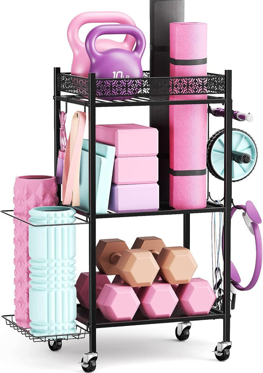 Yoga Mat Storage Rack, Home Gym Storage Rack Yoga Mat Holder, VOPEAK Workout Storage for Yoga Mat, Foam Roller, Gym Organizer Gym Equipment Storage for Home Exercise and Fitness Gear (Metal)