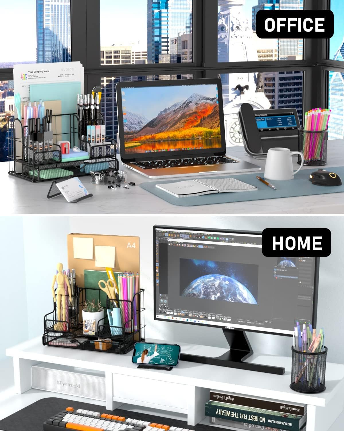 Nicpro Desk Organzier and Accessories, Black Mesh Desktop Organizer with Drawers, Pen Holder, Phone Holder, 72 PCS Paper Clips, Desk Caddy and Office Supply Organizer Set for Teacher Office Home