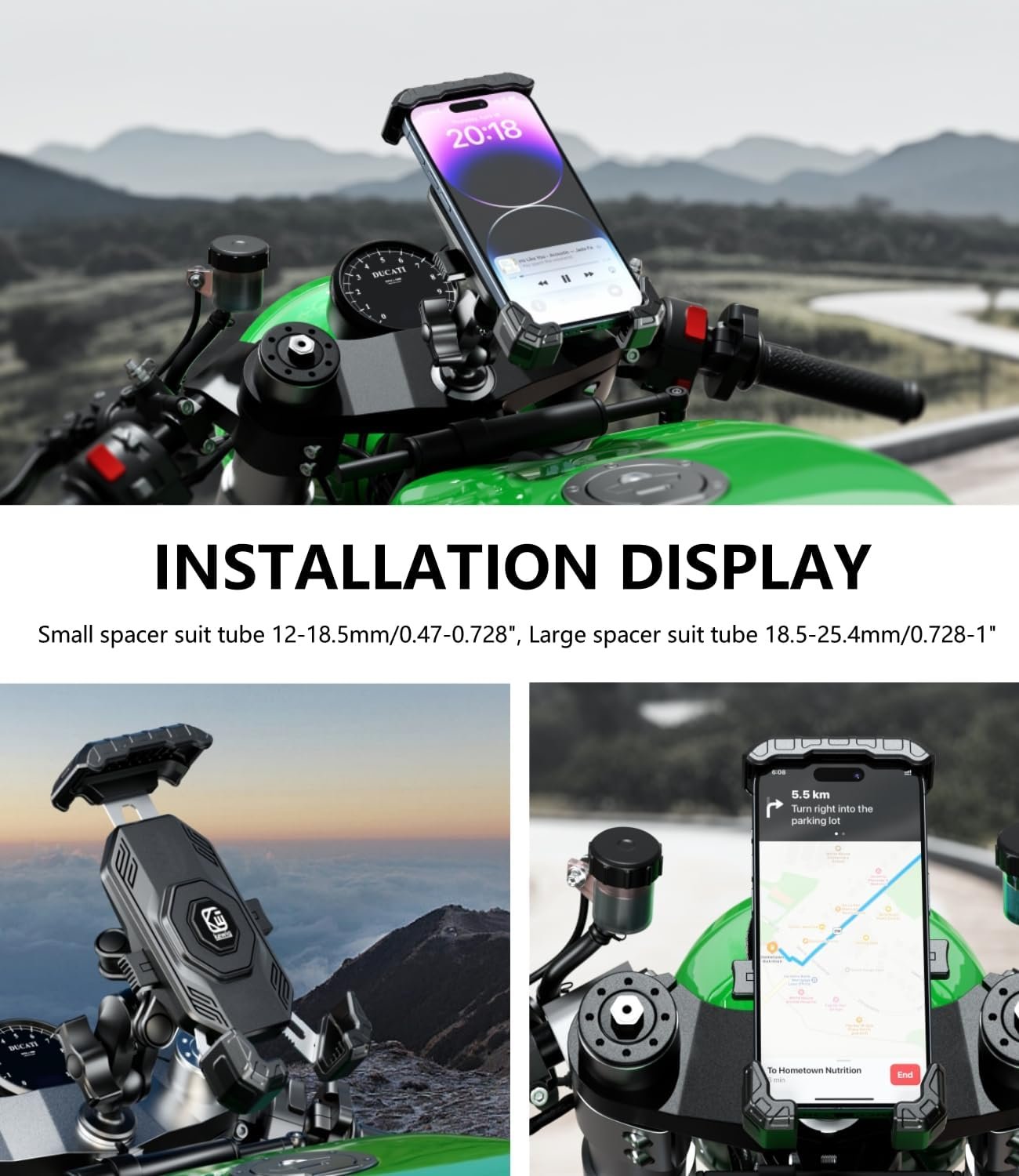 Kewig Motorcycle Fork Stem Phone Mount Holer with Vibration Dampener, Anti-Theft Motorcycle Phone Mount, [1s Lock & Release] Fits for Fork Stem 12-25.4mm in Diameter, for 5.5-7.2" Cellphones