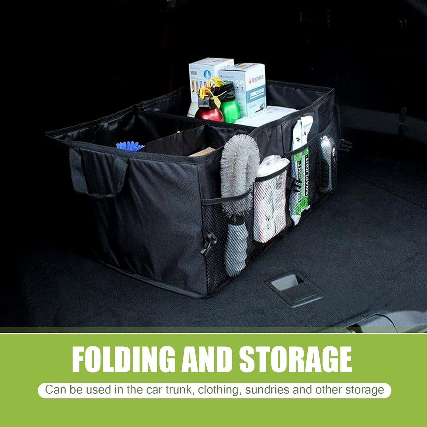 Sinytuto 1 PC Car Trunk Storage Bag, Large Capacity Waterproof Foldable Storage Box, Multi-Compartment Fixed Luggage Storage Bag, Car Storage Accessories, Universal for Most Cars (Black)