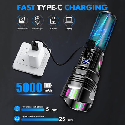 Anyuainiya Rechargeable Flashlight 30000 High Lumens Long Range, High Concentration Super Bright LED Torch with Power Display, Waterproof Zoomable Handheld Flashligh for Camping Hiking Emergency Gift