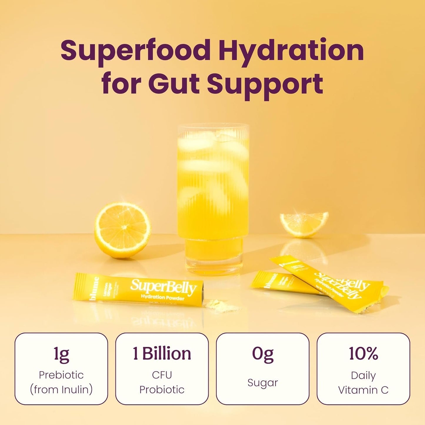 Blume SuperBelly Gut Health Hydration Packets, Made in Canada, Sugar-Free, with Prebiotics, Probiotics, Apple Cider Vinegar, and Electrolytes, Lemon Ginger, 15 Sticks