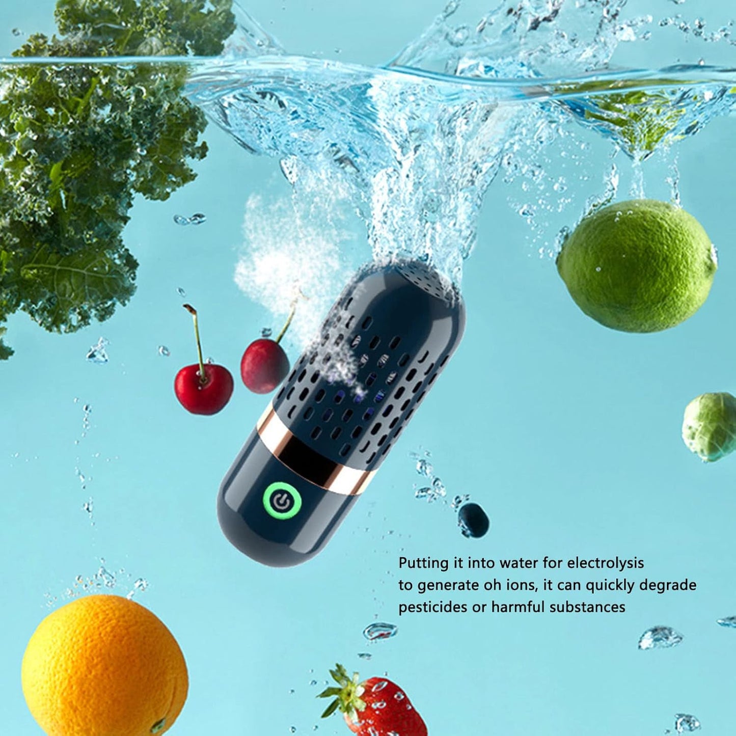 Bewinner Fruit & Vegetable Cleaner - Portable Fruit & Veggies Cleaner Device with Large Reaction Area, USB Wireless Food Purifier, Blue, Plastic Bristles