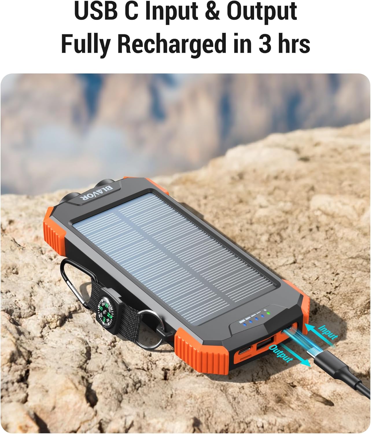 BLAVOR Solar Power Bank 10,000mAh, Portable Wireless Charger, 20W Fast Charging External Battery Pack with USB C for Cell Phones, Solar Panel Charger with Dual Flashlight and Compass
