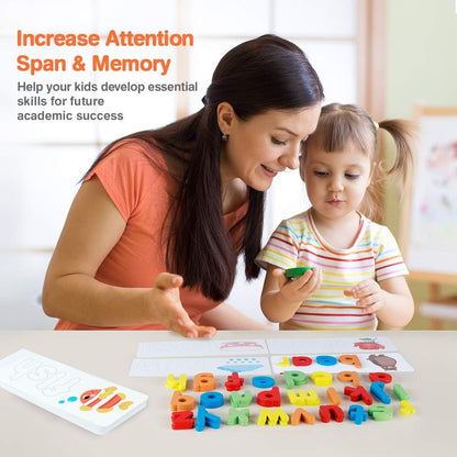 Coogam See Spelling Learning Toy Wooden ABC Alphabet Flash Cards Matching Shape Letter Games Montessori Preschool STEM Educational Toys for Toddler Kids Baby