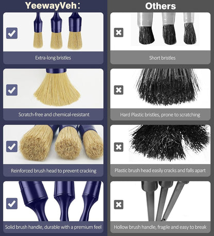 Car Detailing Brush Set, 3 Pack Ultra Soft Boars Hair Detailing Brushes for Leather Seat Air Vents Engine Bay, Auto Detail Brushes Car Detailing for Interior Exterior, Indigo