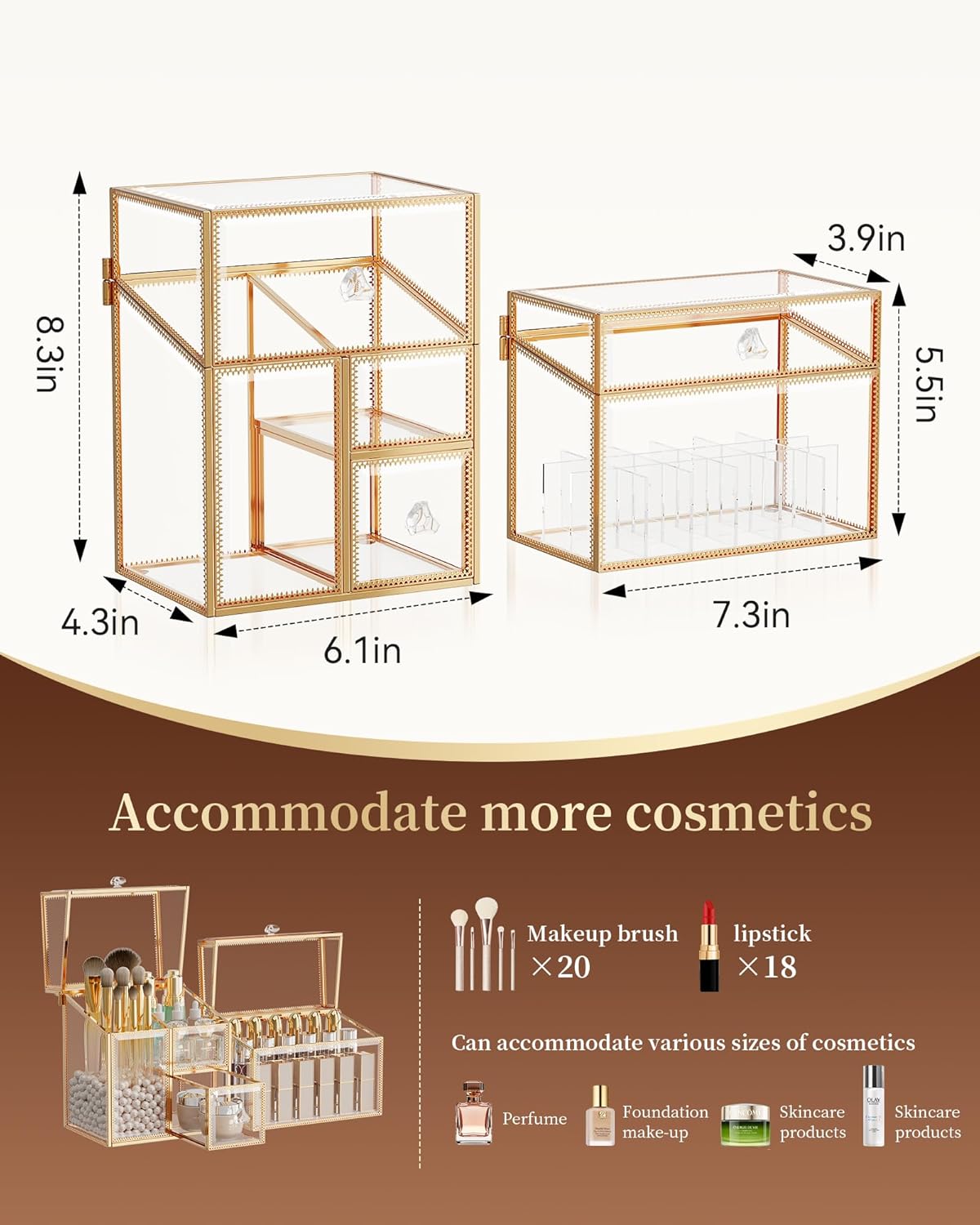Glass Makeup Organizer Set – Vanity Organizer with 18-Slot Lipstick Organizer & Makeup Brush Holder with Lid – Skincare, Perfume & Cosmetic Storage for Bathroom or Dresser