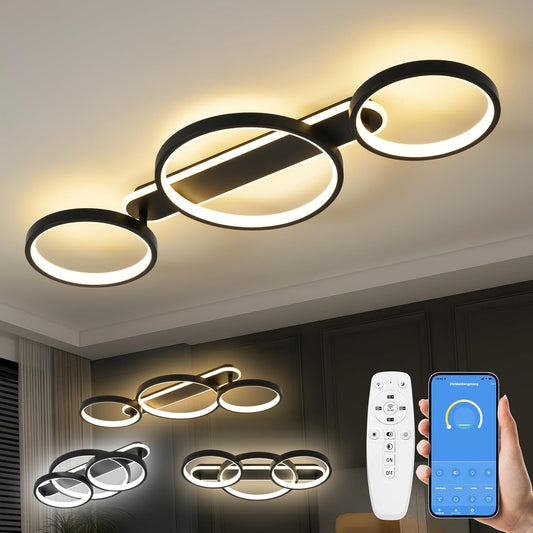 Modern LED Ceiling Light, 36W 3000K-6500K, 3 Rings Round Design Bedroom Lighting, Interior Decorative Light with Remote Control APP Dimmable, Chandelier Lamp for Living Room, Office, Kitchen, Hallway