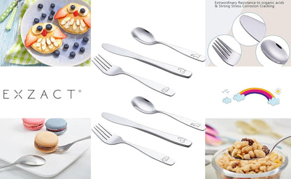 Exzact Children's Cutlery Stainless Steel 6pcs Kids Cutlery Flatware Toddler Utensils - Forks, Knives, Spoons - Dishwash Safe - 2 Years+ - Engraved Dinosaurs