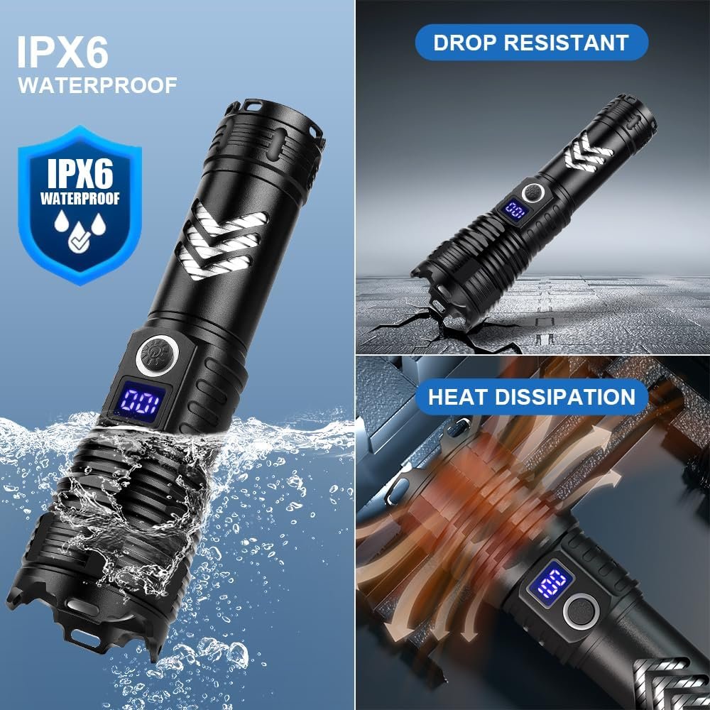 taoquwe Flashlights High Lumens LED Rechargeable, 990000 Lumen Super Bright Flashlight High Power USB Flash Light,Waterproof Handheld LED Flashlight for Camping Hiking