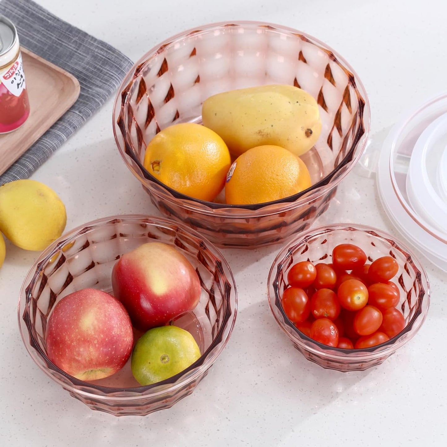 Taiuloo Set of 3 Salad Bowls With Lids & Handles, Food Storage Containers for Meal Prep and Lunch, BPA Free Plastic Serving Bowl Set, Pink