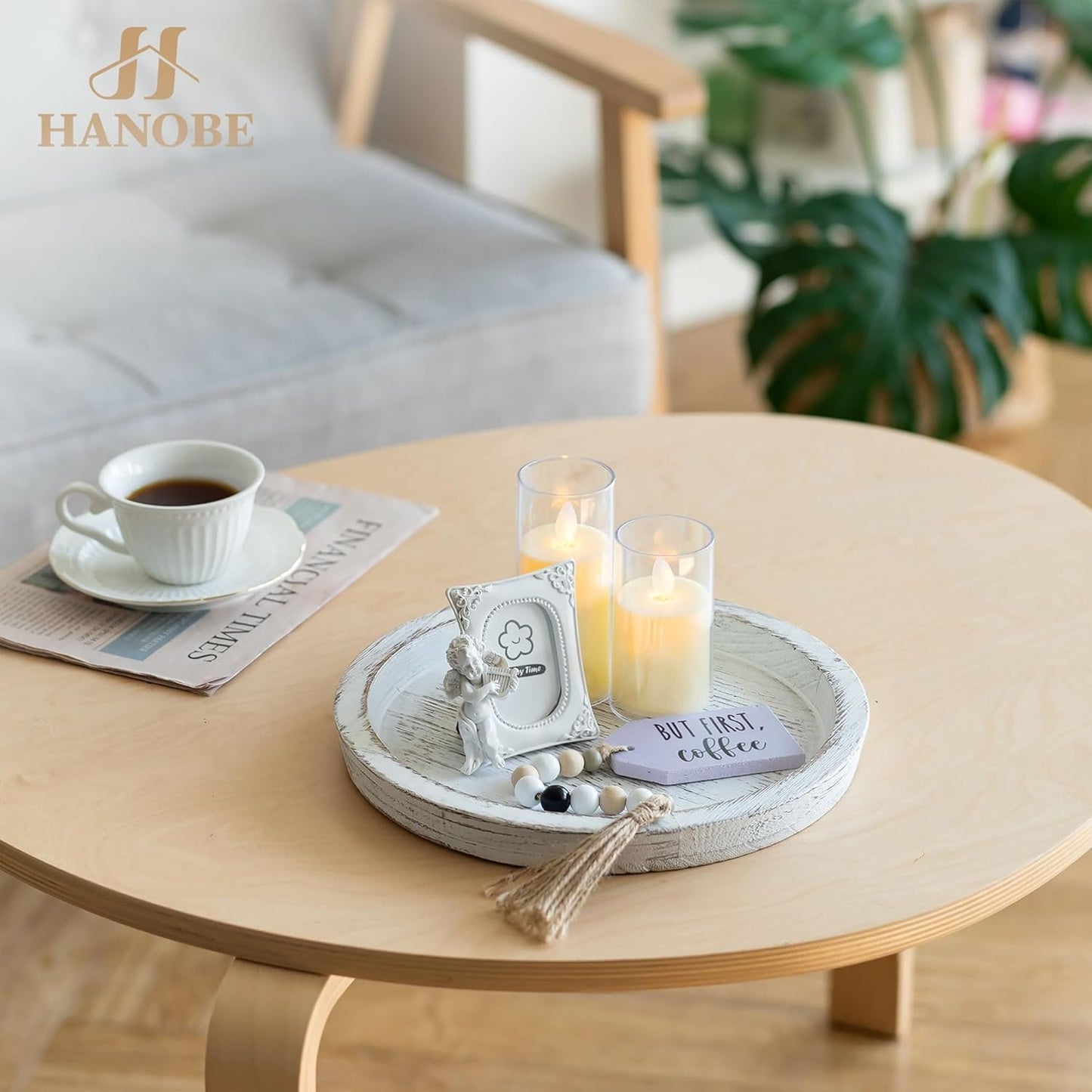 Hanobe Candle Plate Holder Tray: Round Wooden Decorative Candle Plate Small Farmhouse Table Centerpiece Rustic White Wood Tealight Pillar Trays for Christmas Wedding Halloween Home Decor