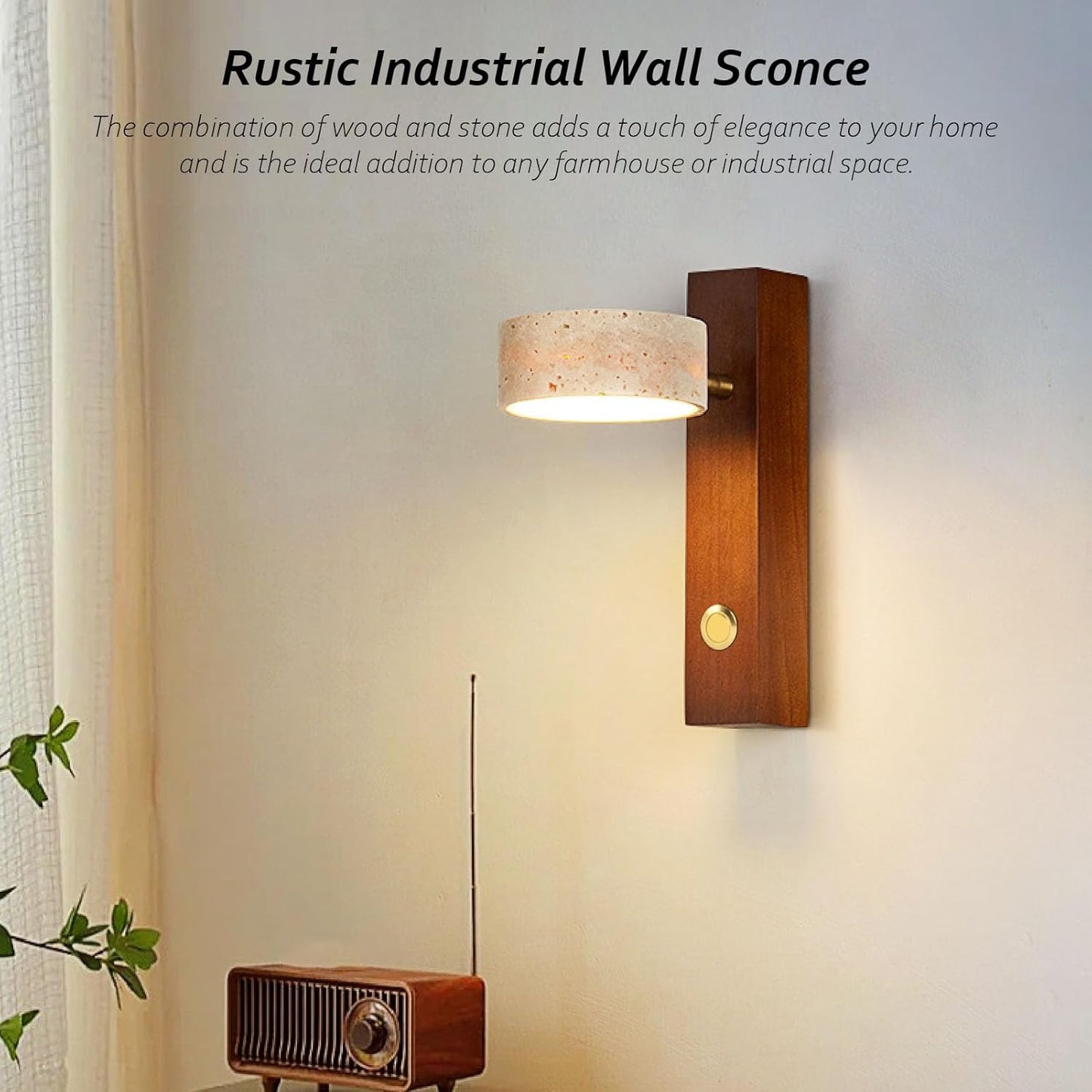 Industrial Wall Lamp, LED Warm Light Adjustable Angle Rotating Stone Wall Sconce Bedside Reading Light with Switch for Bedside Reading (Walnut Color)