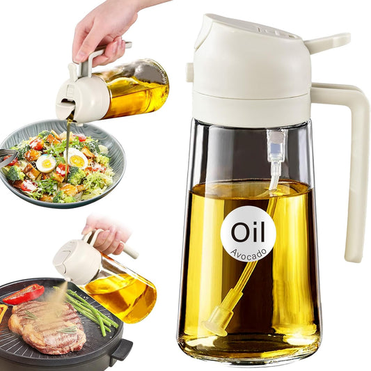 YARRAMATE Oil Sprayer for Cooking, 2 in 1 Olive Oil Dispenser Bottle for Kitchen, 16oz/470ml Glass Oil Bottle with Premium Nozzle, Food-grade Oil Mister for Air Fryer, Salad, Frying, BBQ (White)