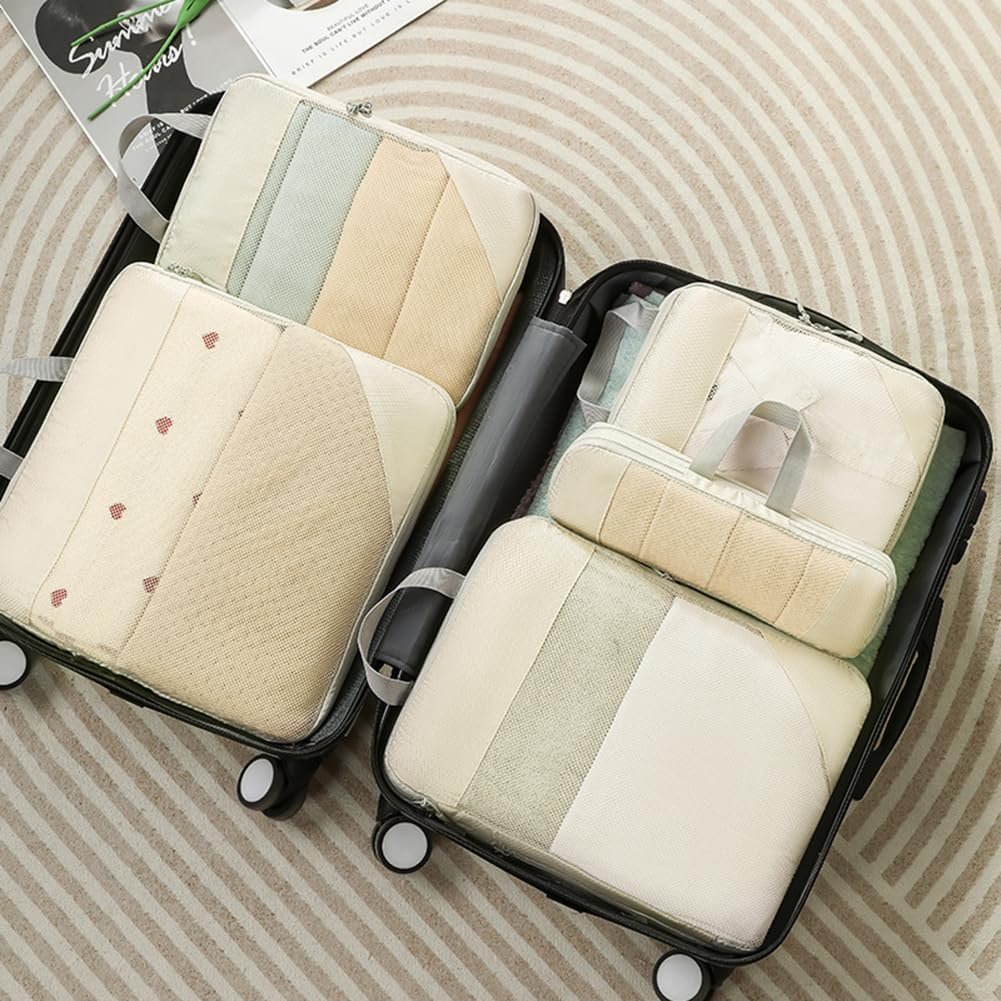 Compression Packing Cubes for Travel Suitcase Organizer Bags Set of 7 Travel Accessory Expandable Packing Organisers With Laundry Bag and Toiletry Bag (Beige)