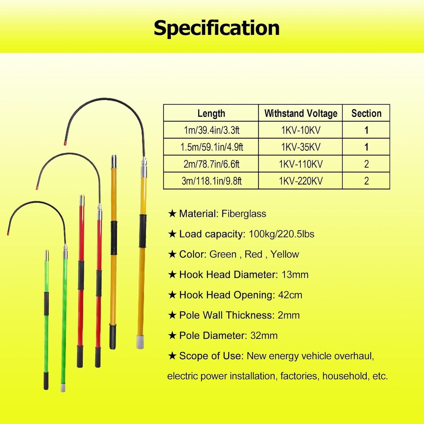 Rescue Hook Stick Electrical Safety Fiberglass High Voltage Insulated Rescue Hook for Electrician, Electrocution Emergency Life-Saving Tool with Telescopic Pole for Cable Maintenance Power Tower(Yello
