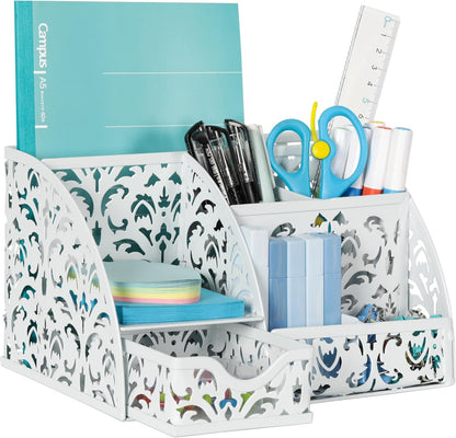 EasyPAG Desk Organizers with Drawer Office Desk Accessories Pen Holder Metal Desk Organizer with 5 Compartments 1 Drawer for Office Supplies,White