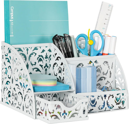 EasyPAG Desk Organizers with Drawer Office Desk Accessories Pen Holder Metal Desk Organizer with 5 Compartments 1 Drawer for Office Supplies,White