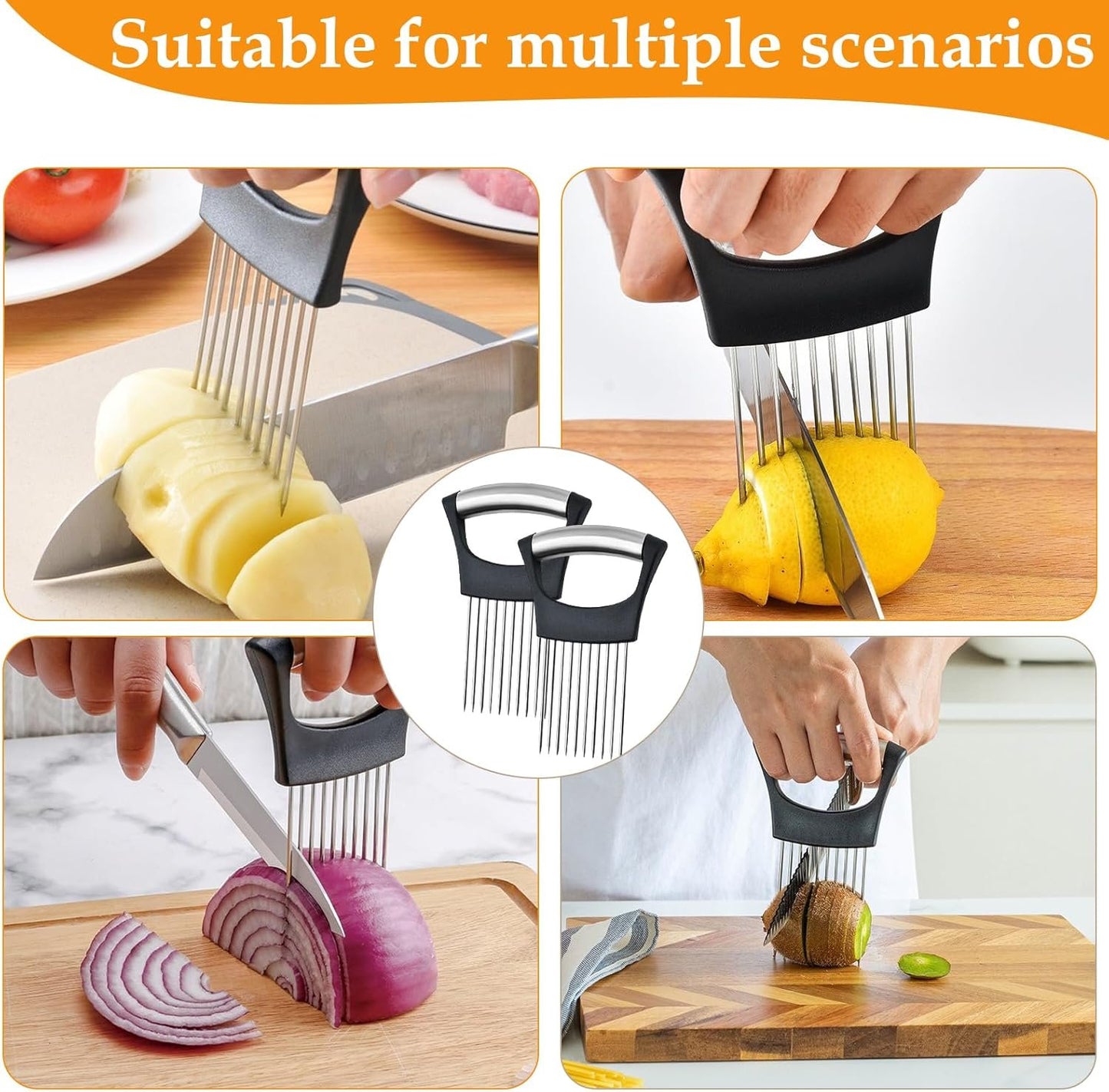 TIVUNORON 2 Pcs Onion Holder for Slicing, Onion Fork Steel for Vegetables, Vegetable Cutting Auxiliary Tool for Tomato Potato Lemon Oranges Kitchen Gadgets