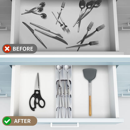 2 Pack Kitchen Cutlery Drawer Organizer Tray for Silverwave, Forks, Spoons, Table Knives, Straw Gadget, Plastic Flatware Organizer Utensil Holder Storage Box - Gray