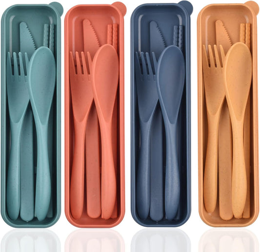 Reusable Utensils Set with Case, 4 Sets Wheat Straw Travel Cutlery Set, Portable Spoon Knife Fork Chopsticks Lunch Box Utensil Set