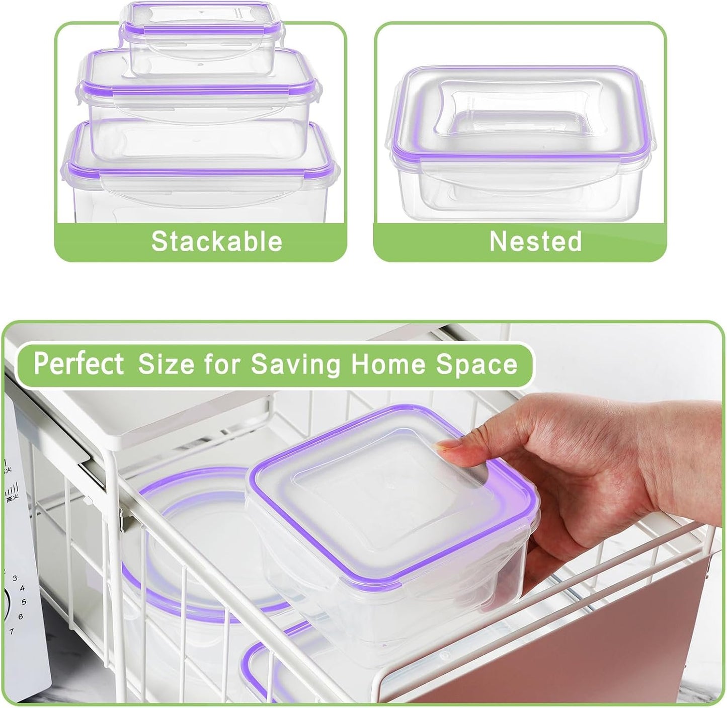 HOMBERKING 32 Pieces Food Storage Containers Set with Snap Lids (16 Lids + 16 Containers), Meal Prep Airtight Plastic Containers, BPA-Free Lunch Containers for Kitchen, Pantry, Home, Purple