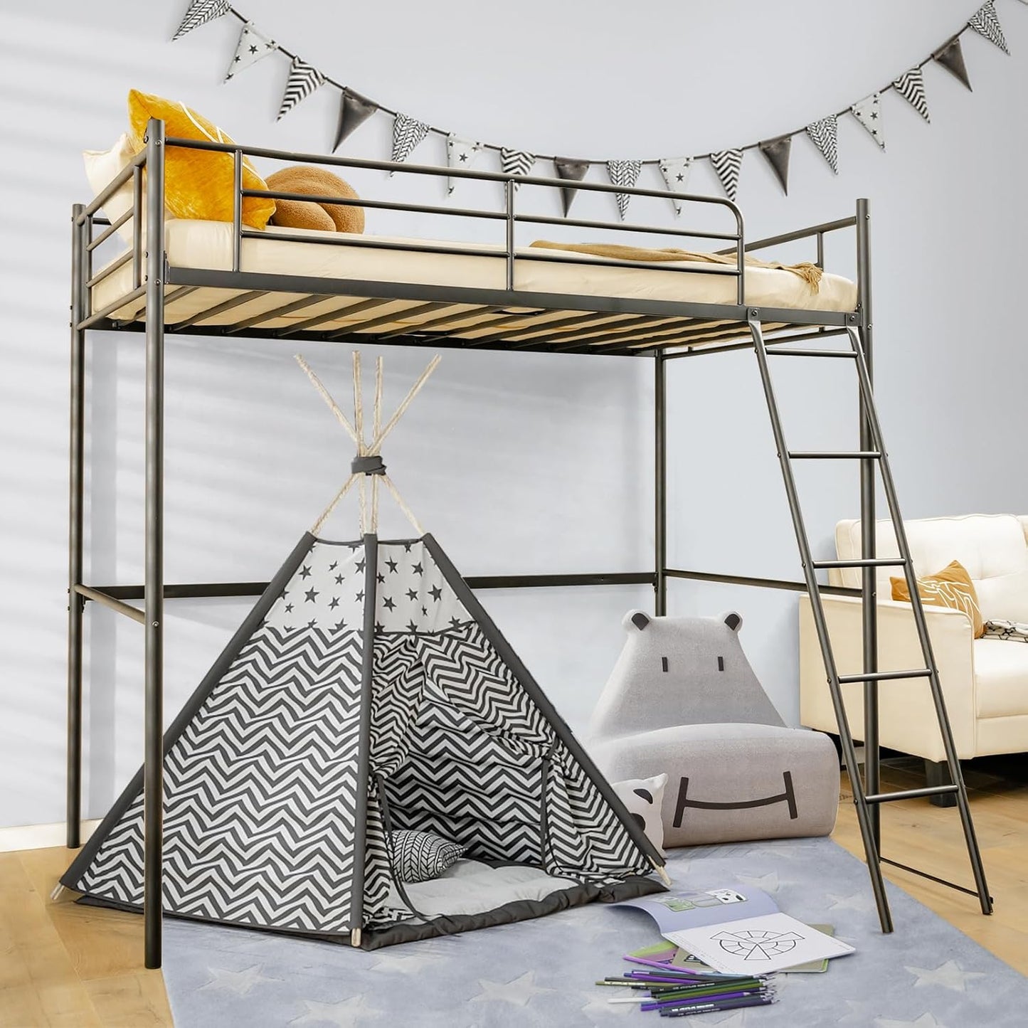 Giantex Loft Bed with Ladder, Heavy-Duty Steel Bed Frame with High Guard Rails & Ample Underneath Floor Space for Working & Relaxation, Versatile Bed Frame, No Box Spring Needed, Space-Saving (Black)