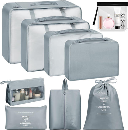Suitcase Organizer, 9 Pieces Travel Organizer Set, Packing Cubes, Travel Suitcase Organizers with Clear Cosmetic Bag, for Clothes, Shoes, Cosmetics, Grey