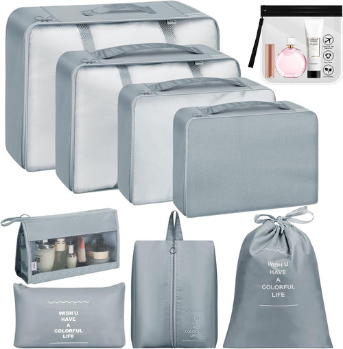 Suitcase Organizer, 9 Pieces Travel Organizer Set, Packing Cubes, Travel Suitcase Organizers with Clear Cosmetic Bag, for Clothes, Shoes, Cosmetics, Grey