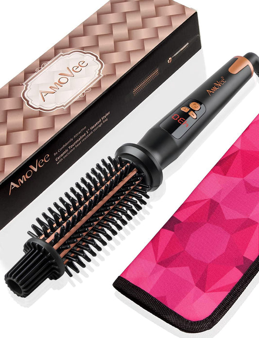 Curling Iron Brush, Ceramic Tourmaline Ionic Hair Curling Wand, Curling Brush with Barrel & Anti-Scald Bristles for All Hair Types