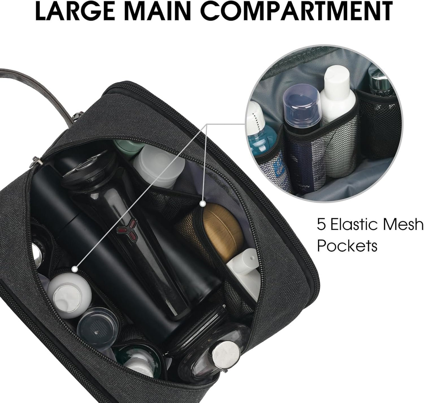 WANDF Travel Toiletry Bag for Men Hanging Dopp Kit Canvas Toiletry Organizer Water-Resistant Vegan Leather Shaving Bag for Toiletries Accessories (Black)