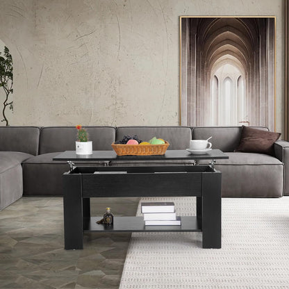 Table Wooden Lift Tabletop Dining Table Coffee Table with Hidden Compartment Storage Shelf Lift Top Coffee Table for Living Room Home- Black