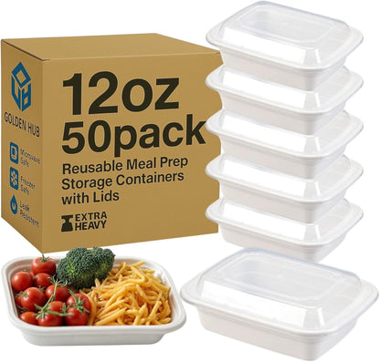 Golden Hub Meal Prep Containers with Lids 12-32oz BPA Free Plastic Food Storage Reusable Stackable Leak Proof Microwave Dishwasher Safe for Lunch Home Office White (12oz 50pc(2))