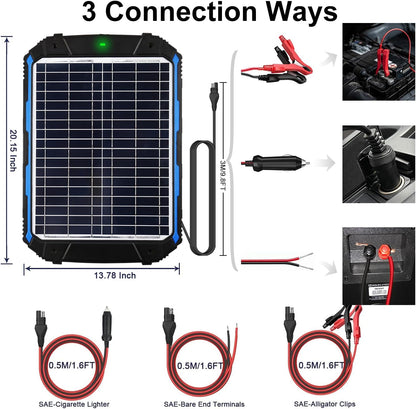 SUNER POWER Upgraded 12V Waterproof Solar Battery Charger & Maintainer Pro - Built-in Intelligent MPPT Charge Controller - 18W Solar Panel Trickle Charging Kit for Car, Marine, Motorcycle, RV, etc