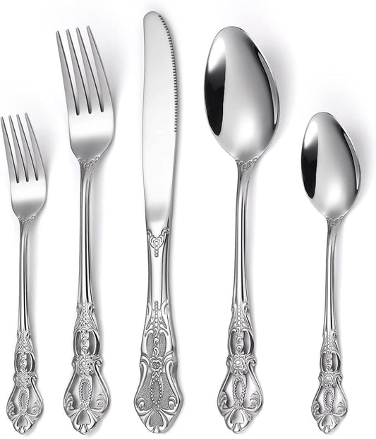 Gorgeous Retro Royal Silverware Set for 8,OIULO 18/0 Stainless Steel 40-Piece Flatware Set Service for 8,Vintage Fine Dining Utensils Fork Spoon Knife,Antique Baroque Cutlery,Mirror,Dishwasher Safe