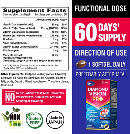 AFC Japan Diamond Vision PRO – Improved, Up-Sized Formula - Lutein & Zeaxanthin 4X with Eye Vitamins – Visual Health Supplement for Adults, Screen Exposure, Night Use, 60 Softgels