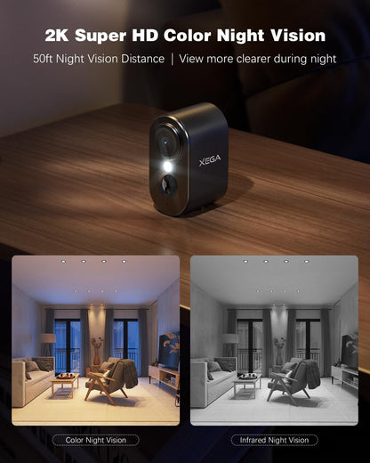 Xega 4G Cellular Security Camera Indoor Built-in SIM Card, 2K No Wi-Fi Security Camera Portable, LTE Cameras with 6000mAh Battery, PIR Motion Detection, Color Night Vision, 2-Way Audio, TF/Cloud