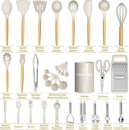 Umite Chef Cooking Utensils Set- Khaki Silicone Kitchen Utensils Set, 34PCS Heat Resistant Kitchen Gadgets Tools Set with Grater, Wooden Handle Kitchen Utensil Spatula Set for Nonstick Cookware
